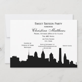 Invitación Silueta Negra del Horizonte de Filadelfia Sweet 16