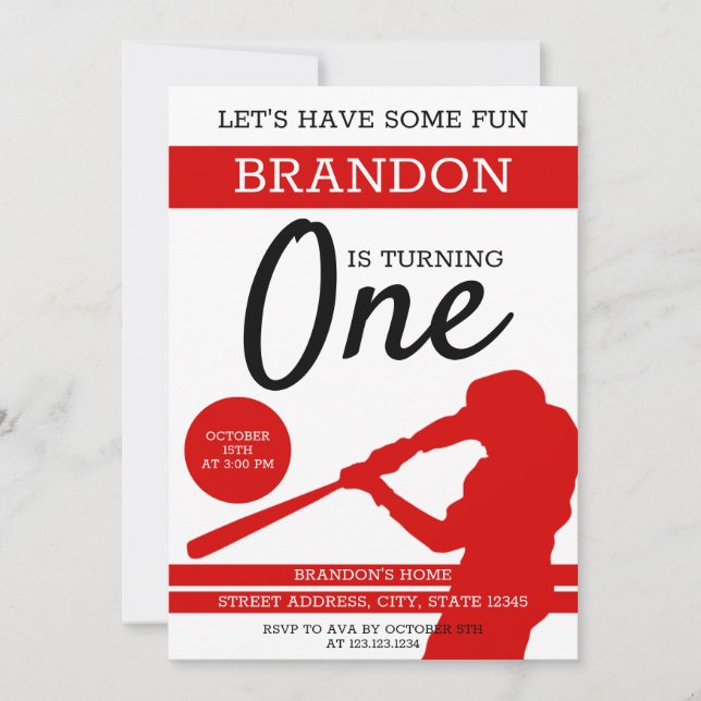 Invitación Silueta Roja Simple Béisbol Primer Cumpleaños (Anverso)