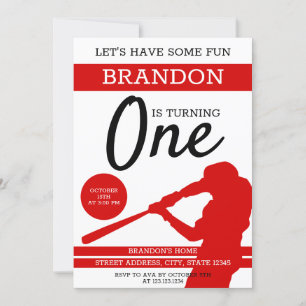 Invitación Silueta Roja Simple Béisbol Primer Cumpleaños
