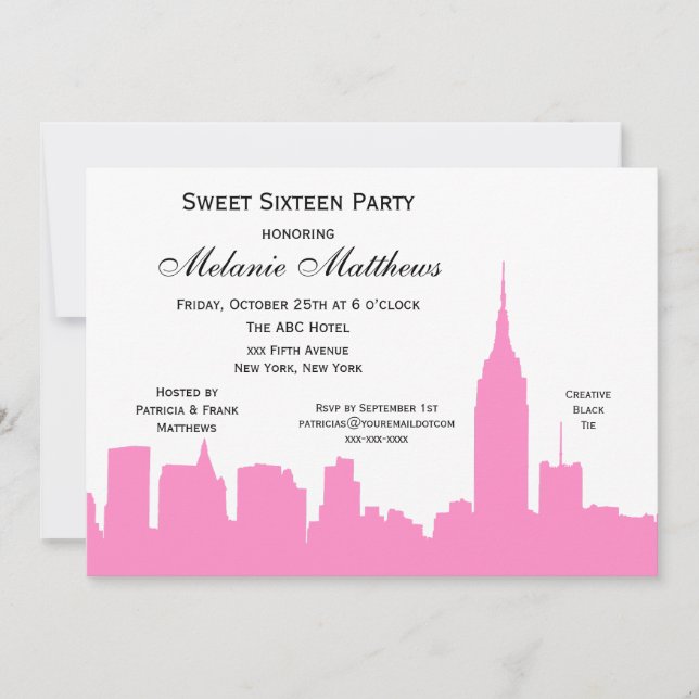 Invitación Silueta rosa blanco NYC Skyline Sweet 16 (Anverso)
