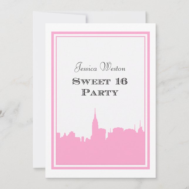Invitación Silueta rosa de la línea de Skyline de la NYC #2 D (Anverso)