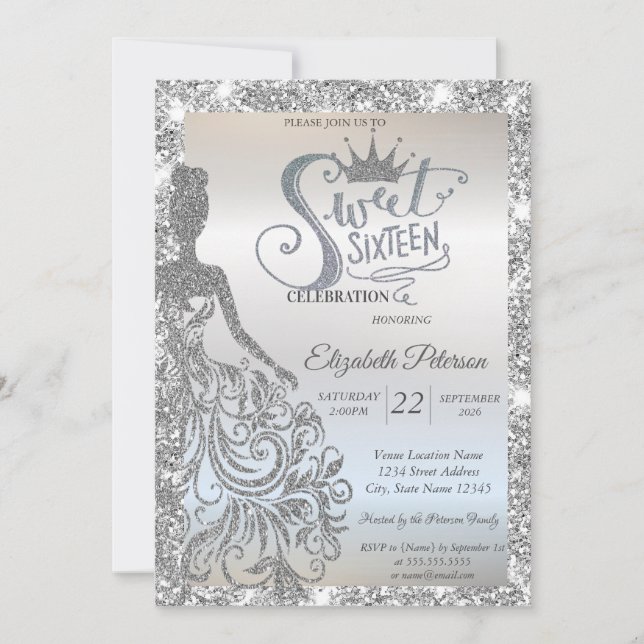 Invitación Silv Glitter Dress,Tiara Sparkle Sweet 16  (Anverso)