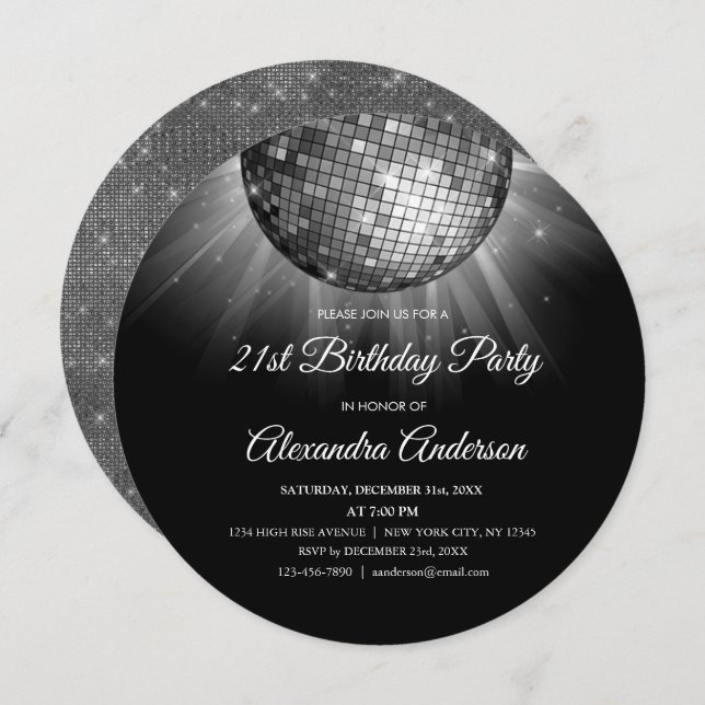 Invitación Silver 21st Birthday Fiesta Silver Disco Ball (Anverso / Reverso)