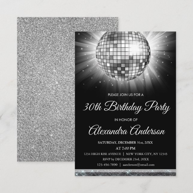 Invitación Silver 30.º Fiesta de cumpleaños Disco Dance Ball (Anverso / Reverso)