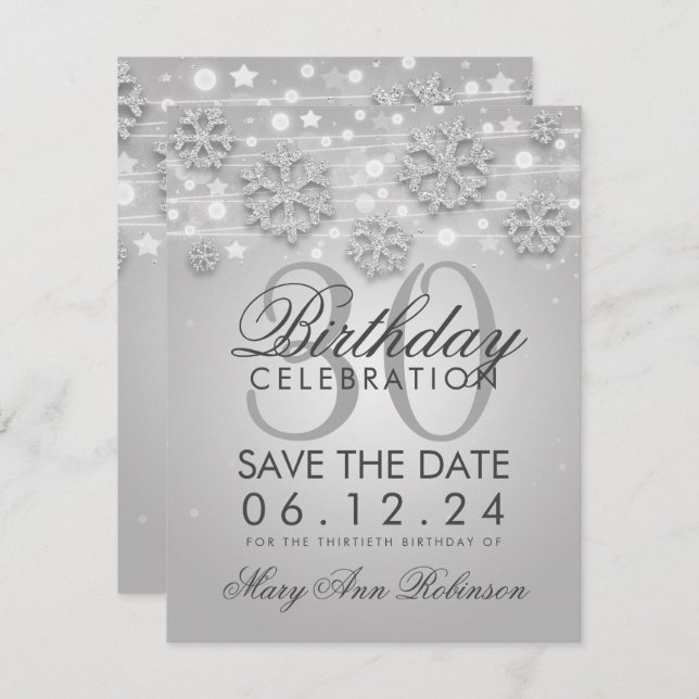Invitación Silver 30 cumpleaños Save Date Winter (Anverso / Reverso)