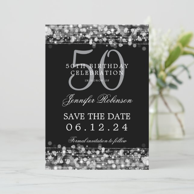 Invitación Silver 50 cumpleaños Salven la fecha (Anverso de pie)