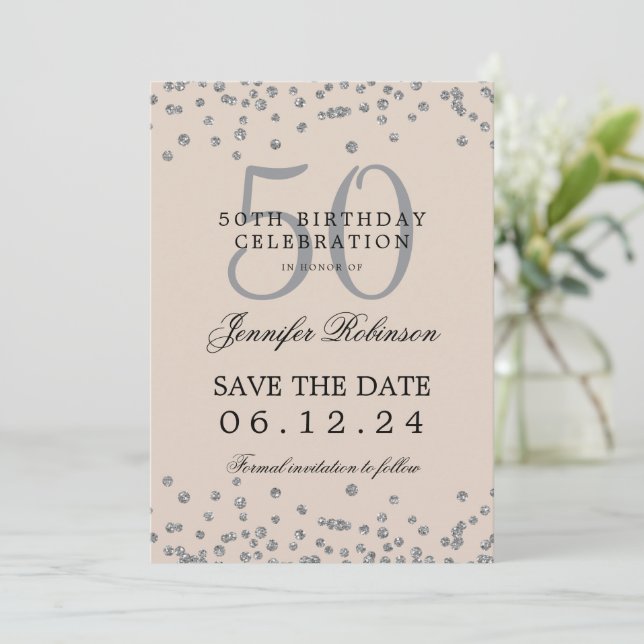 Invitación Silver 50 cumpleaños Save Date Detalles Champagne (Anverso de pie)