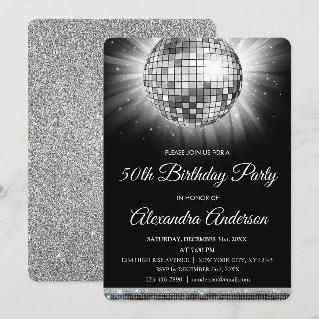 Invitación Silver 50th Birthday Party Silver Disco Ball (Anverso / Reverso)