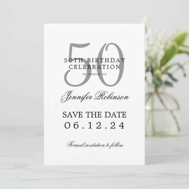 Invitación Silver 50th Birthday Save Date con detalles (Anverso de pie)