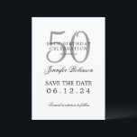 Invitación Silver 50th Birthday Save Date con detalles<br><div class="desc">Elegante diseño "50th Birthday Party" con un guión de tipografía formal,  nombre personalizado y texto de detalles. Fácil de usar y fácil de personalizar. ¡No te quedes sin el tuyo!</div>