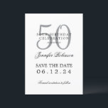 Invitación Silver 50th Birthday Save Date con detalles<br><div class="desc">Elegante diseño "50th Birthday Party" con un guión de tipografía formal,  nombre personalizado y texto de detalles. Fácil de usar y fácil de personalizar. ¡No te quedes sin el tuyo!</div>