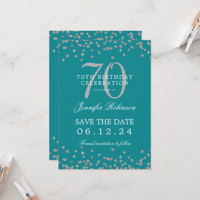 Invitación Silver 70 Cumpleaños Fecha de Ahorro Detalles Verd (Anverso/Reverso In Situ)