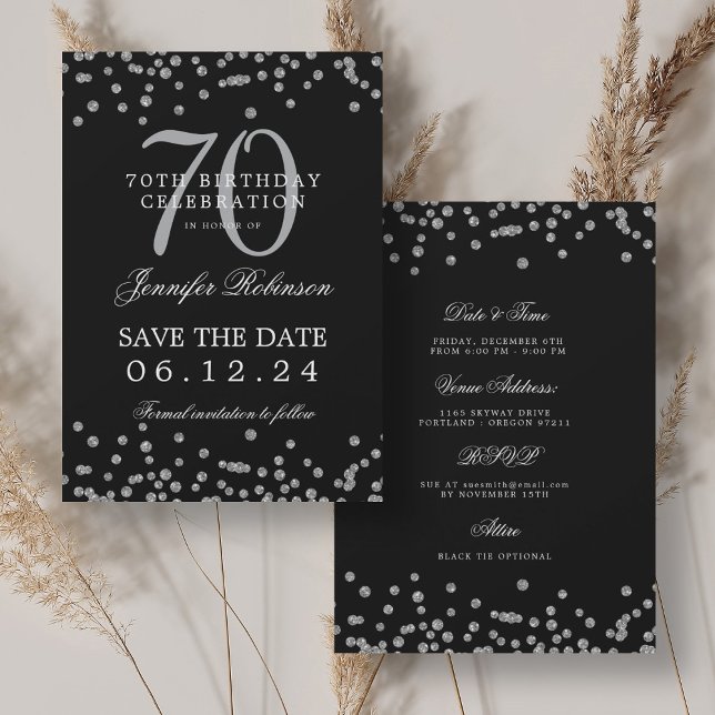 Invitación Silver 70 Cumpleaños Guardar fecha Detalles Negro (Silver 70th Birthday Save Date Details Black Invitation)