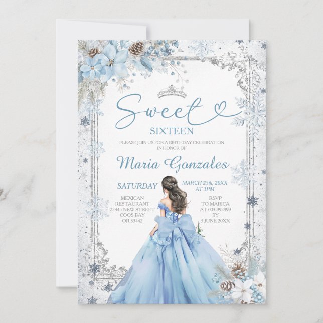Invitación Silver and Blue Christmas Sweet Sixteen Birthday (Anverso)