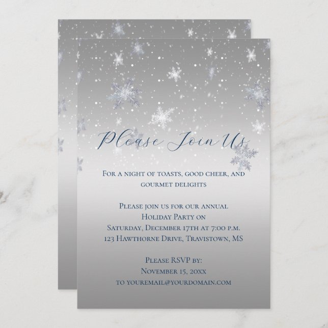 Invitación Silver and Blue Snowflakes Christmas Party | (Anverso / Reverso)