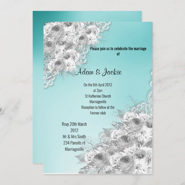 Invitación Silver Aqua Floral LACE ELEGANTE BODA MODERNO (Anverso / Reverso)