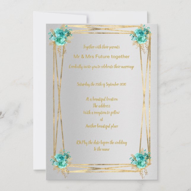 INVITACIÓN SILVER AQUA GOLD ELEGANT WEDDING INVITATION (Anverso)