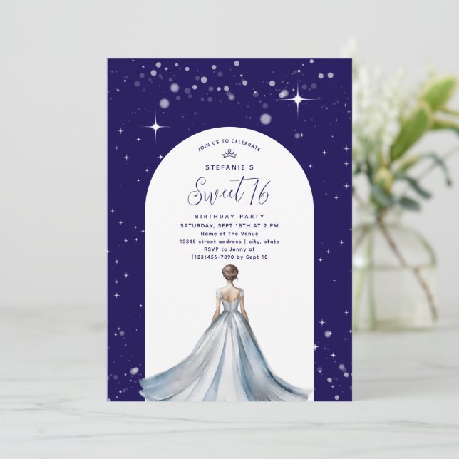 Invitación Silver Ball Gown Dress Navy Blue Sweet 16 Birthday (Anverso de pie)