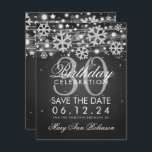 Invitación Silver Black 30 cumpleaños Save Date Winter<br><div class="desc">Elegante diseño "30th Birthday Fiesta" con Purpurina de Faux Plata Snowflakes y luces de bokeh brillando sobre fondo negro (puede cambiar el color de fondo para adaptarlo a sus necesidades),  y nombre personalizado   texto de detalles. Fácil de usar y fácil de personalizar. ¡No te quedes sin el tuyo!</div>