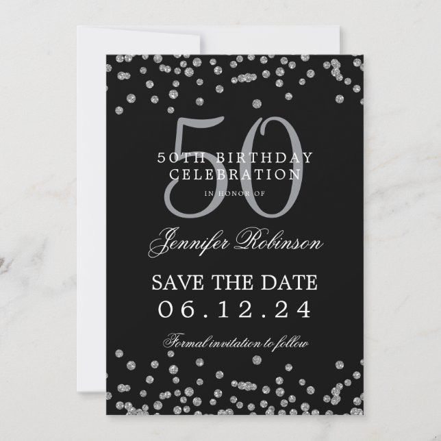 Invitación Silver Black 50 cumpleaños Salven la fecha Confett (Anverso)