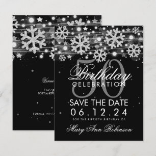 Invitación Silver Black 50 cumpleaños Save Date Winter