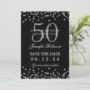 Invitación Silver Black 50th Birthday Save the Date and Detai