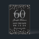 Invitación Silver Black 60th Birthday Save the Date and Detai<br><div class="desc">Elegante diseño de la "Fiesta del Cumpleaños 60" con falsos confeti purpurinas y texto de detalles. Fácil de usar y fácil de personalizar. ¡No te quedes sin el tuyo!</div>