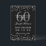 Invitación Silver Black 60th Birthday Save the Date Confetti<br><div class="desc">Elegante diseño de la "Fiesta del Cumpleaños 60" con confetti falso purpurina y texto de detalles. Fácil de usar y fácil de personalizar. ¡No te quedes sin el tuyo!</div>