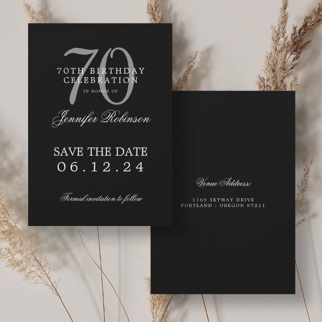Invitación Silver Black 70th Birthday Save the Date (Silver Black 70th Birthday Save the Date Invitation)