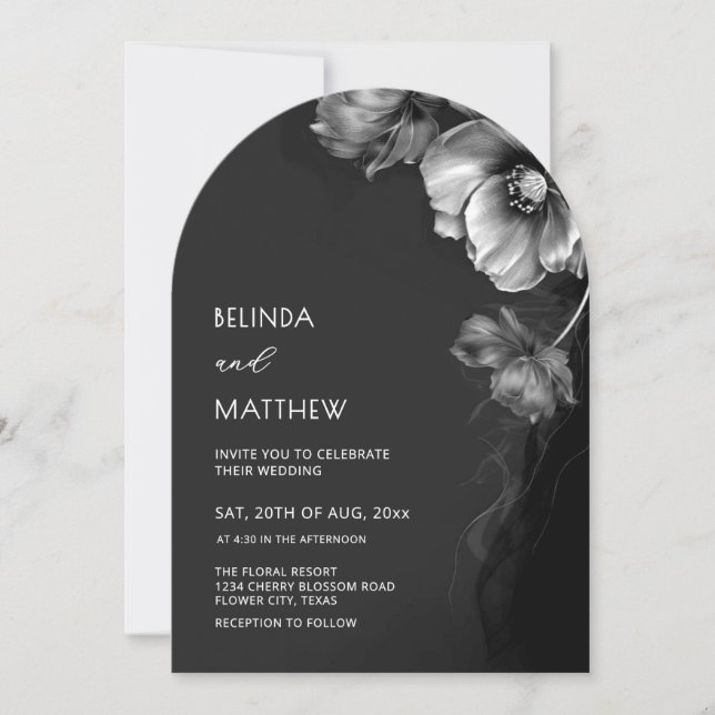 Invitación Silver Black And White Flowers Wedding  (Anverso)