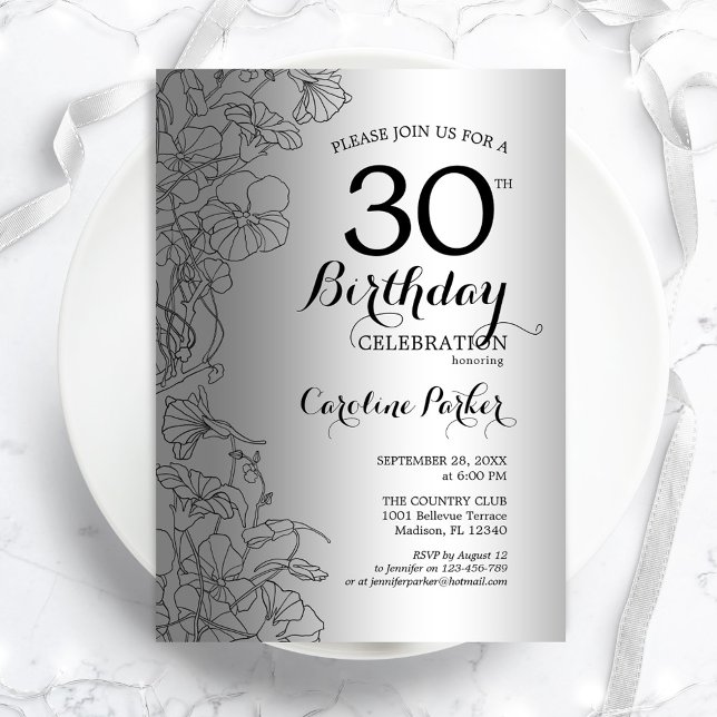 Invitación Silver Black Floral 30.º Fiesta de cumpleaños (Subido por el creador)
