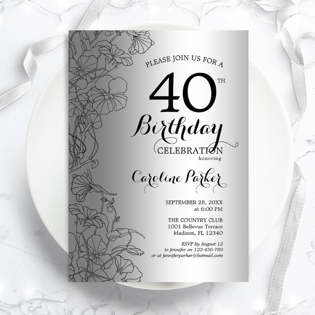 Invitación Silver Black Floral 40.º Fiesta de cumpleaños (Subido por el creador)
