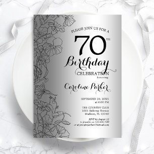 Invitación Silver Black Floral 70th Birthday Party