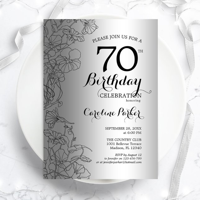Invitación Silver Black Floral 70th Birthday Party (Subido por el creador)