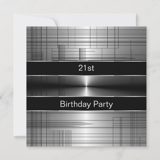 Invitación Silver Black Stripes Mans 21st Birthday Fiesta (Anverso)