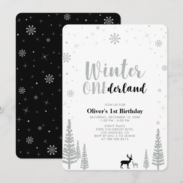 Invitación Silver, Black Winter onederland Primer fiesta de c (Anverso / Reverso)