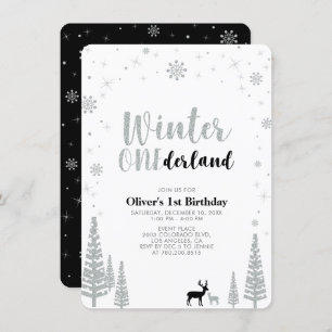 Invitación Silver, Black Winter onederland Primer fiesta de c
