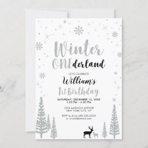 Invitación Silver, Black Winter onederland Primer fiesta de c