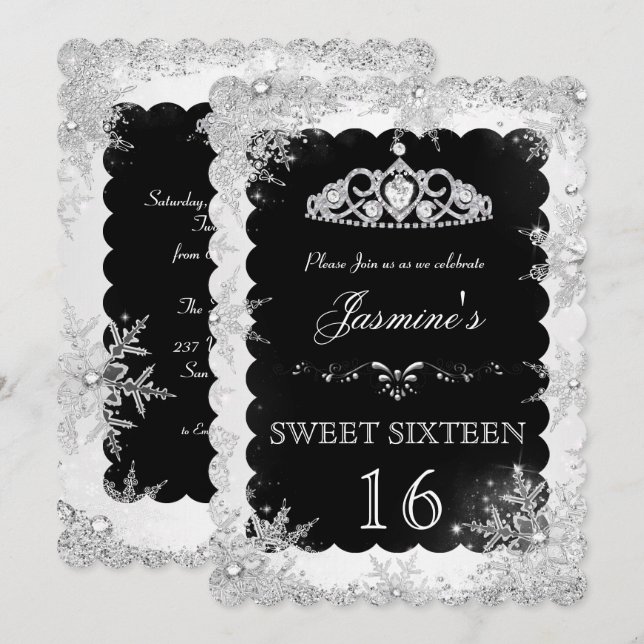 Invitación Silver Black Winter Wonderland cumpleañ (Anverso / Reverso)