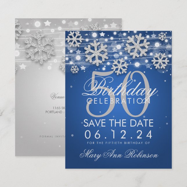 Invitación Silver Blue 50 Cumpleaños Salven el Invierno (Anverso / Reverso)