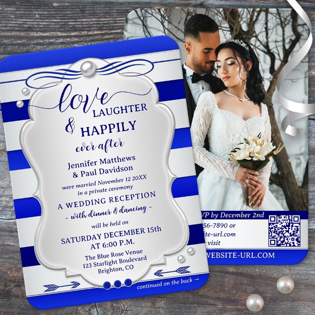 Invitación Silver Blue Striped Happily Ever After Wedding (Happily ever after wedding party invitation featuring a silver and navy blue stripe with photo + QR)