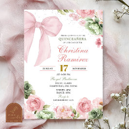 Invitación Silver Bow Sage Pink Coquette Floral Quinceanera