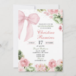 Invitación Silver Bow Sage Pink Coquette Floral Quinceanera