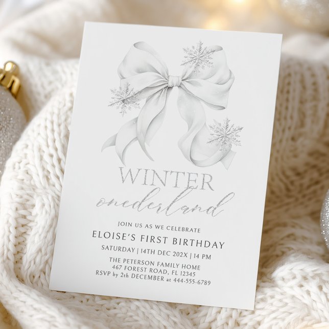 Invitación Silver Bow Winter Onederland 1st Birthday (Subido por el creador)