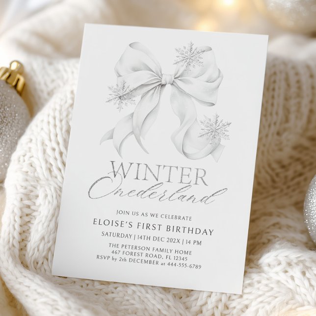 Invitación Silver Bow Winter Onederland 1st Birthday (Subido por el creador)
