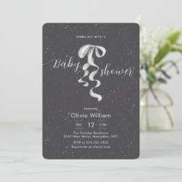 Invitación Silver Bow Winter Snow Dark Grey Baby Shower