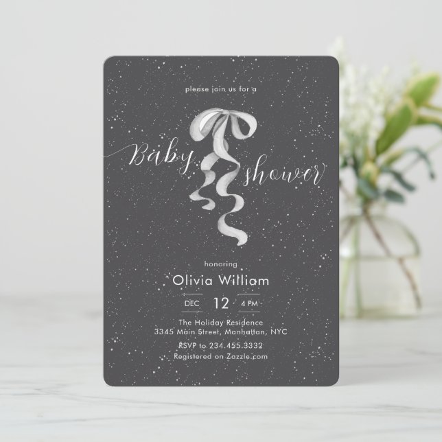 Invitación Silver Bow Winter Snow Dark Grey Baby Shower (Anverso de pie)