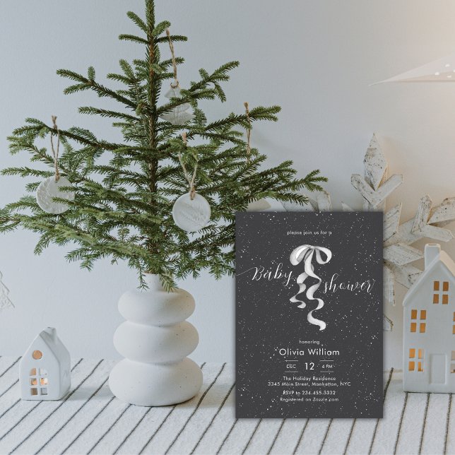 Invitación Silver Bow Winter Snow Dark Grey Baby Shower (Silver Bow Winter Snow Dark Grey Baby Shower Invitation)