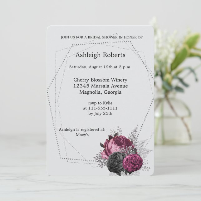 Invitación Silver Burgundy Marsala Floral Bridal Shower (Anverso de pie)