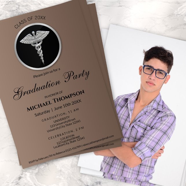 Invitación Silver Caduceus Medical Graduation | Photo (Subido por el creador)